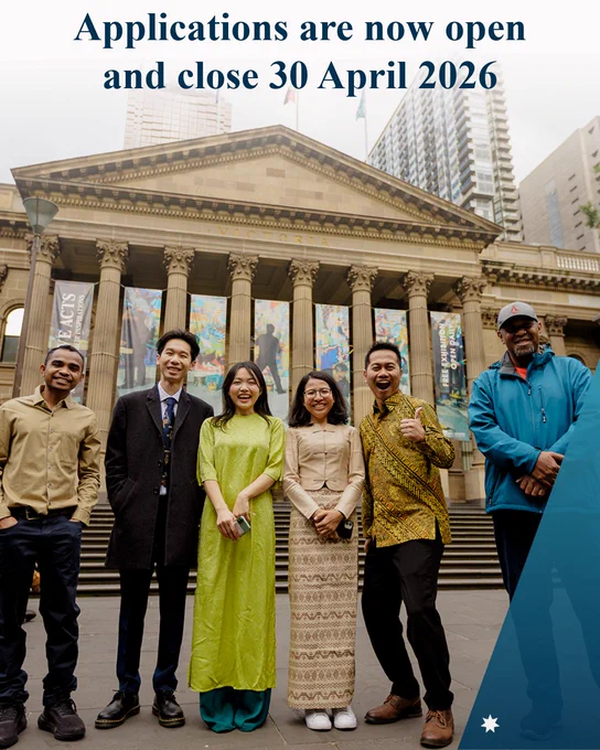 A group of scholars stand in front of Melbourne library with text: Applications are now open and close 30 April 2026 