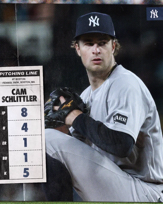 Cam Schlittler pitching line: 

8 IP // 4 H // 1 ER // 1 BB // 5 K 