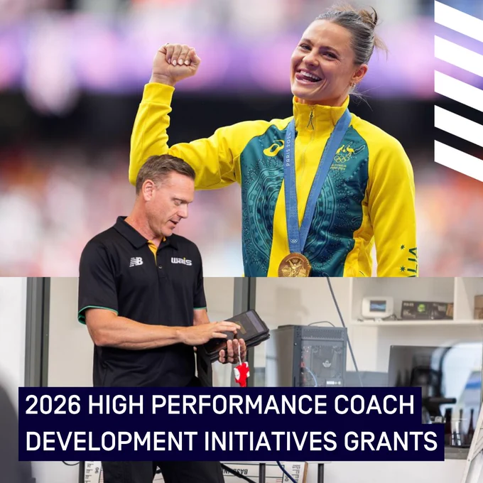 A person wearing a yellow and green jacket with a medal is raising a fist in a celebratory gesture. Below, another person in a black New Balance shirt is holding a device. The text reads, "2026 High Performance Coach Development Initiatives Grants."