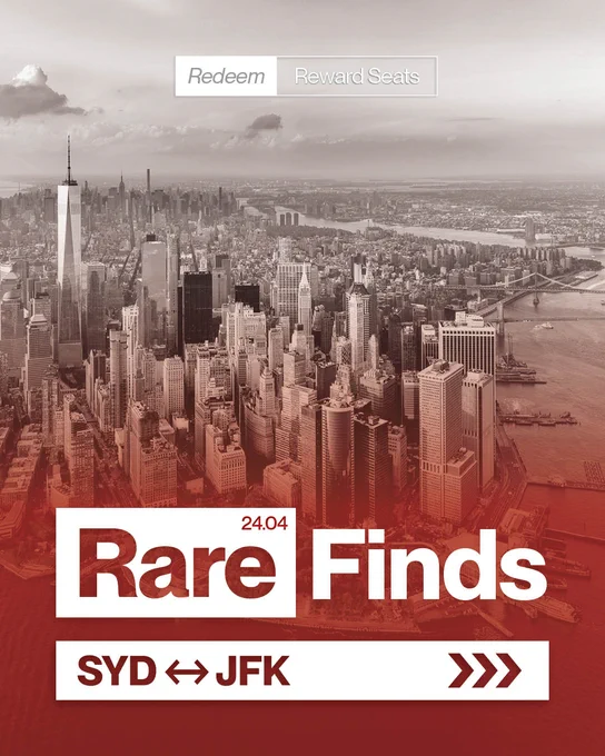 Aerial view of Lower Manhattan, New York City, with a sepia tone. Text overlay reads: "Redeem Reward Seats," "24.04 Rare Finds," "SYD ↔ JFK" with directional arrows.
