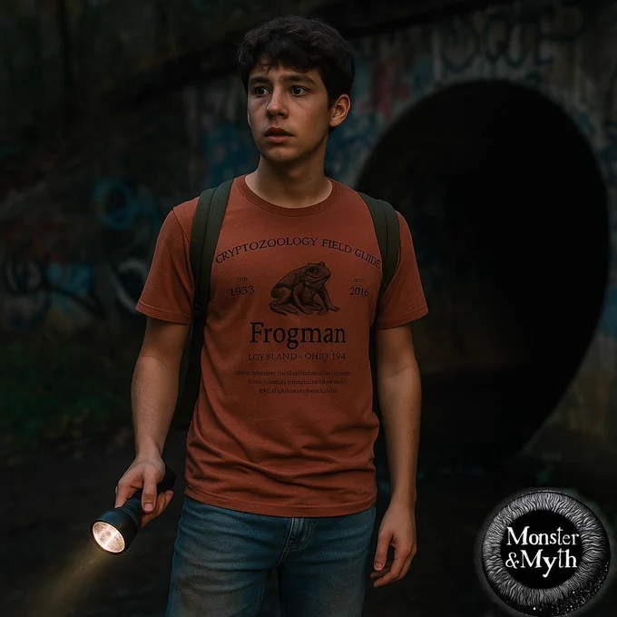 A teen boy stands at the edge of a graffiti-covered storm drain tunnel at dusk, holding a flashlight and wearing a rust-colored t-shirt that reads “Cryptozoology Field Guide – Frogman – Loveland, Ohio – 1955 to 2016.” A stylized frog-like humanoid is printed in the center of the shirt. His expression is alert and cautious, as though expecting something to emerge from the darkness. The Monster & Myth logo appears in the corner of the image.