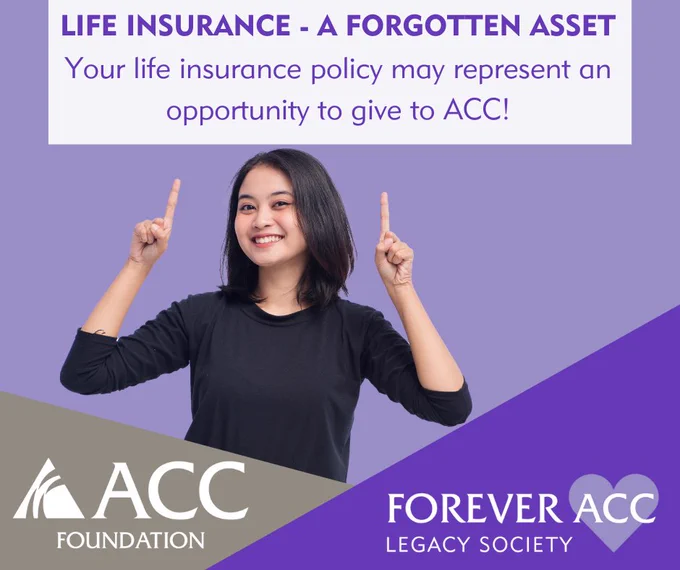 Woman in black shirt pointing upward to text about life insurance as a forgotten asset and ACC donation opportunity.