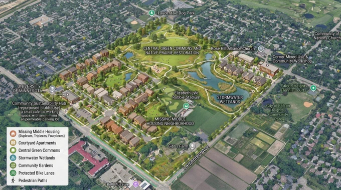 perpexity ai
Using the uploaded Google Earth image of the Les Bolstad Golf Course, transform it into a lovely walkable 100 acre sustainable housing community that could improve the area, promote missing middle density, and still respect local desire to preserve some green space