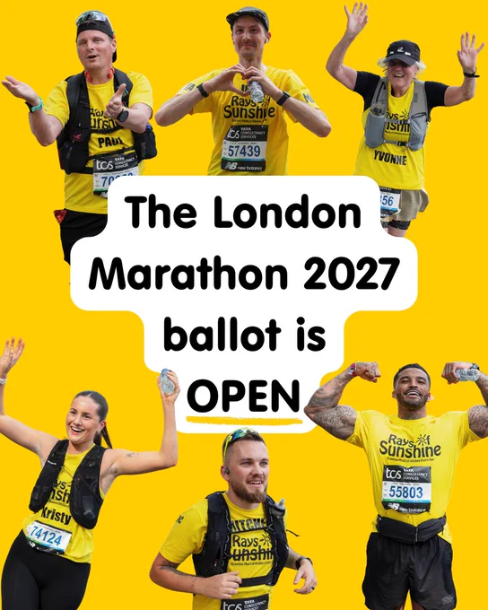Six runners in yellow Rays of Sunshine shirts around bold text announcing that the London Marathon 2027 ballot is open.