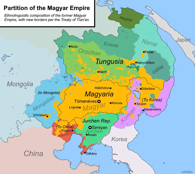 This alternate history map depicts the "Partition of the Magyar Empire," imagining Magyar tribes settling in Northeast Asia instead of 🇭🇺 Hungary. It mirrors the Treaty of Trianon, showing the empire dismantled into a rump state. Territories are ceded to 🇰🇷 Korea, 🇲🇳 Mongolia, and 🇨🇳 China, alongside new states like Tungusia. City names use Hungarian phonetics, such as Hesámsöny for Vladivostok in 🇷🇺 Russia, illustrating a masterful geographic and ethnic reversal.

https://www.reddit.com/r/imaginarymaps/comments/1pkue89/what_if_the_hungarians_went_the_other_way/
