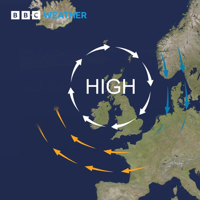 Atlantic map showing high pressure sitting over the UK