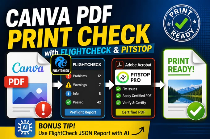 Canva PDF Print Check infographic with Canva PDF, FlightCheck, Acrobat and PitStop Pro.