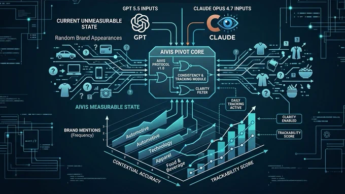 A technical data-driven infographic for AIVIS, focused on solving brand visibility in AI. The image features a dark, futuristic interface with flowcharts and logic gates. At the top, the OpenAI (GPT) and Anthropic (Claude) logos serve as inputs into the "AIVIS Pivot Core," which contains modules for consistency, tracking, and clarity. To the left, a "Current Unmeasurable State" shows chaotic icons of cars, laptops, and apparel surrounded by question marks. This flows into an "AIVIS Measurable State" at the bottom, represented by a clean 3D 3-axis area chart measuring "Brand Mentions (Frequency)," "Contextual Accuracy," and "Trackability Score" across categories like Automotive, Technology, and Apparel. The design is sleek, professional, and devoid of any human figures.