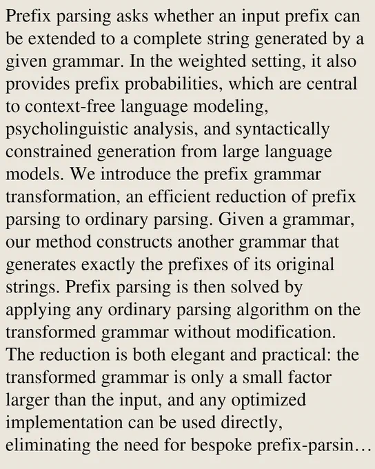 Prefix parsing asks whether an input prefix can be extended to a complete string generated by a given grammar. In the weighted setting, it also provides prefix probabilities, which are central to context-free language modeling, psycholinguistic analysis, and syntactically constrained generation from large language models. We introduce the prefix grammar transformation, an efficient reduction of prefix parsing to ordinary parsing. Given a grammar, our method constructs another grammar that generates exactly the prefixes of its original strings. Prefix parsing is then solved by applying any ordinary parsing algorithm on the transformed grammar without modification. The reduction is both elegant and practical: the transformed grammar is only a small factor larger than the input, and any optimized implementation can be used directly, eliminating the need for bespoke prefix-parsing algorithms. We also present a strategy-based on algorithmic differentiation-for computing the next-token weigh