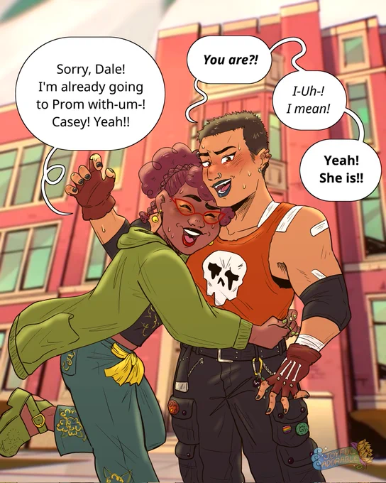 Colored illustration of Rise of the TMNT April and Casey in front of a background that is literally just blurred asset art of April's high school from the Season 2 episode Mystery Meat. April wears a long green cardigan over a black crop top and jeans that are cinched together with a yellow kerchief and platform green sandals all of which have floral stitching except the cardigan. She sweats nervously as she embraces Casey with her head on her shoulder and arms around her waist. Casey wears a dark orange tank with a weeping skull print on the center, dark cargo pants with a carabiner and a scattering of patches on the pockets, covered in bandages, and black elbow support sleeves and red fingerless gloves with bone patterns. She's staring at the viewer and also sweating with her arms awkwardly not pulled away from April as if she's not sure of what to do. April says "Sorry, Dale! I'm already going to Prom with-um-! Casey! Yeah!!" Casey responds "You are?! I-Uh-! I mean! Yeah! She is!!"