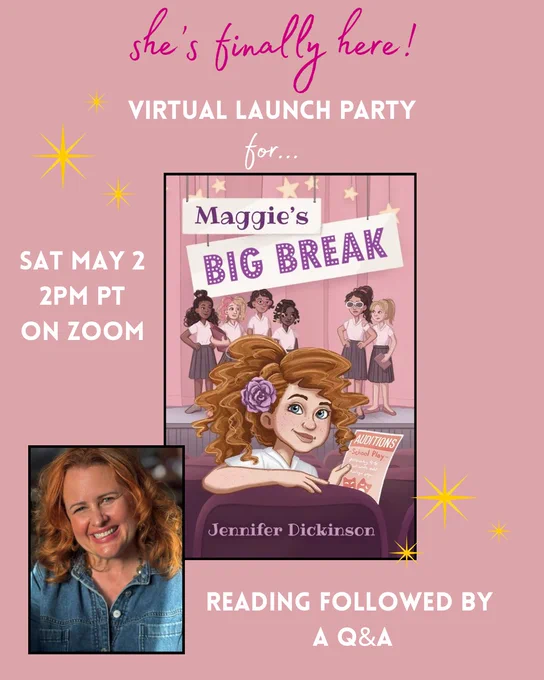 Pink book launch poster with Maggie's Big Break book cover and author photo with text, "Sat May 2 2pm PT on Zoom" and "Reading followed by a Q&A."