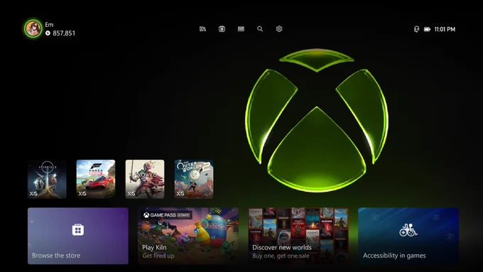 A screenshot of the Xbox Home screen, with the previous background set. The number of tiles has been limited to 4 using a system setting.