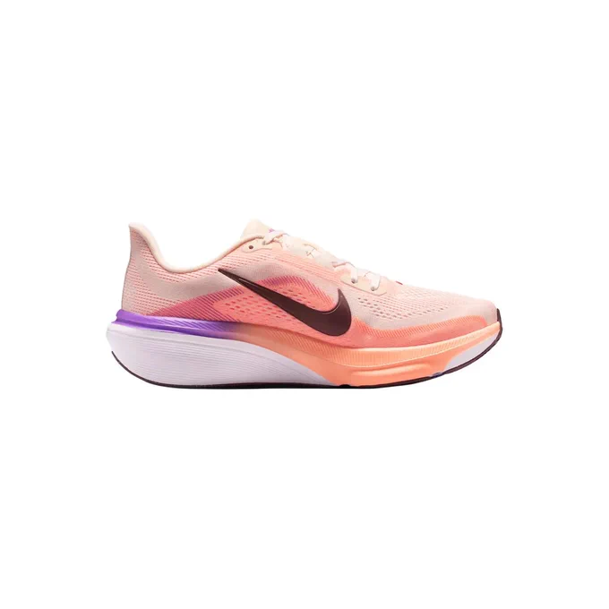 Nike Pegasus 42 women's neutral daily trainer in peach with a black Swoosh and purple and orange midsole accents, new at Running Niche.