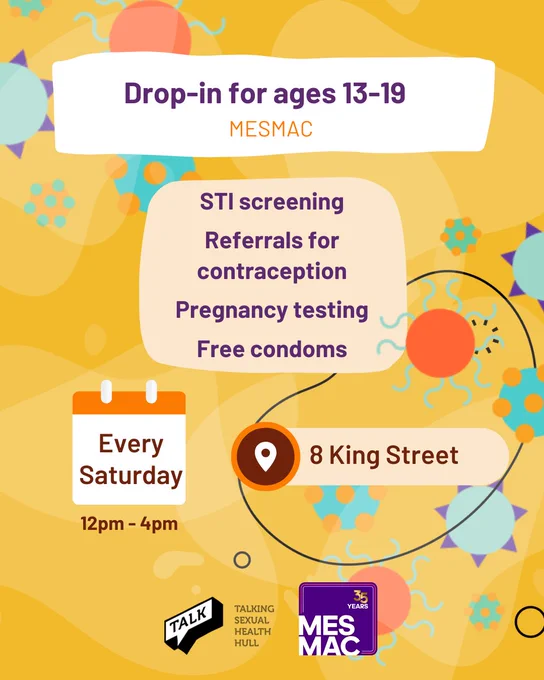 Drop-in for ages 13-19, Mesmac. STI screening. Referrals for contraception. Pregnancy testing. Free condoms. Every Saturday 12pm-4pm. 8 King Street