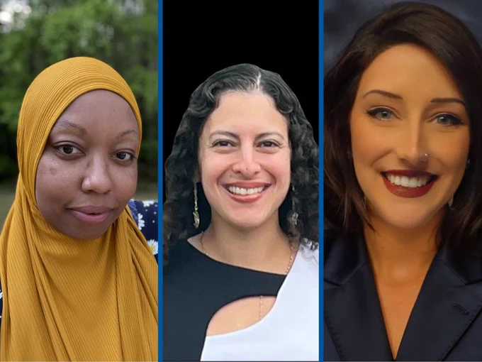 Collage of three people. Farthest left is Margaret Hall, standing outside and smiling at the camera. In the middle is Jennifer Radford, standing against a black background and smiling at the camera. On the farthest right is Emily Spencer, standing against a dark gray background and smiling at the camera.