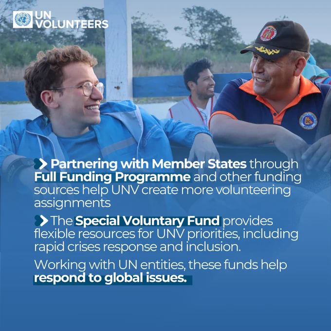 Two men sit and talk outdoors, smiling and relaxed, with a UN Volunteers logo in the top corner. One wears a blue jacket, the other a navy shirt and cap, with another person in the background.

Overlay text reads:
“Partnering with Member States through Full Funding Programme and other funding sources help UNV create more volunteering assignments.

The Special Voluntary Fund provides flexible resources for UNV priorities, including rapid crisis response and inclusion.

Working with UN entities, these funds help respond to global issues.”