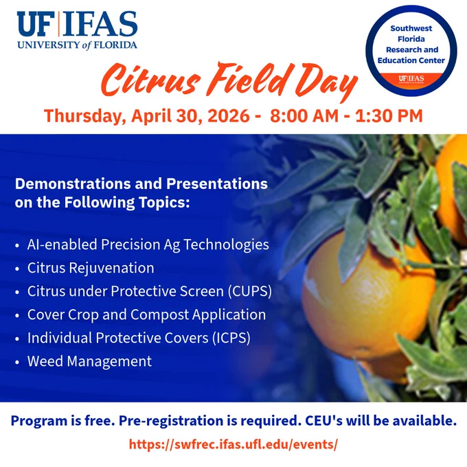 Promotional image for UF/IFAS Citrus Field Day, featuring event details and topics on a citrus-themed background.