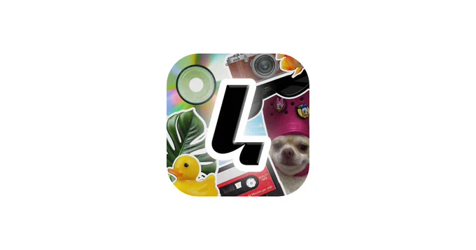 Colorful icon featuring a cute dog in a pink hat, a rubber duck, a camera, and various vibrant patterns and shapes.