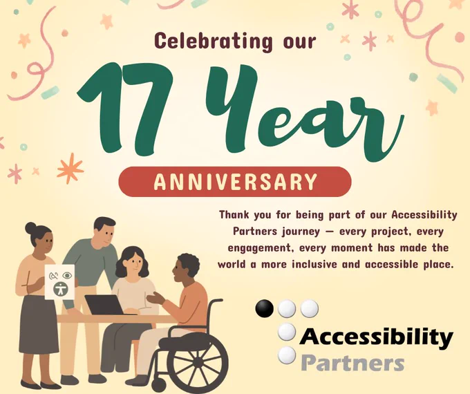 Thank you for being part of our Accessibility Partners journey — every project, every engagement, every moment has made the world a more inclusive and accessible place. 

Includes a graphic of a diverse group of people, including one in a wheelchair and another at a laptop at a meeting.