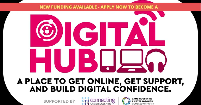 Digital Hub logo with icons of a smartphone, laptop, and headset promoting online access, support, and digital confidence building.