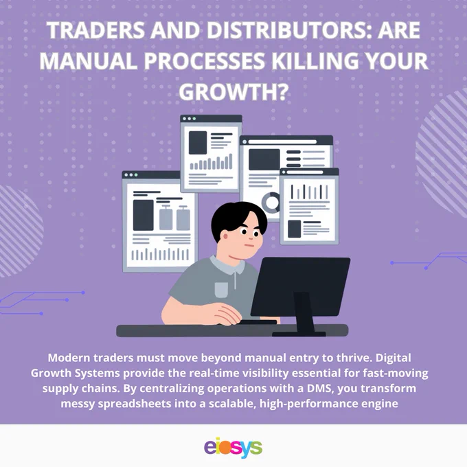 A graphic showing a professional at a desk managing multiple digital windows, highlighting how digital systems replace manual processes for traders.