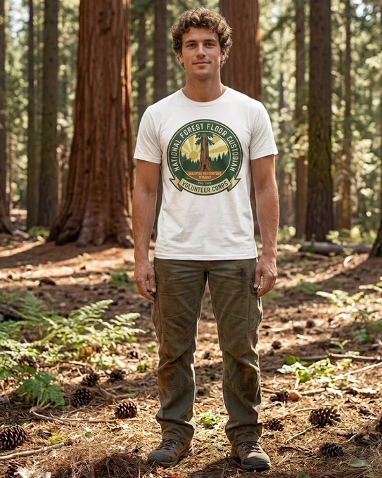 A circular, vintage-style forest service emblem in shades of dark green, gold, and cream. The center features a tall redwood tree silhouette against a sunburst background, with a small silhouette of a person using a rake at the base of the tree. Arched text around the border reads "NATIONAL FOREST FLOOR CUSTODIAN" and "VOLUNTEER CORPS," with a small banner at the bottom labeled "WILDFIRE PREVENTION DIVISION."