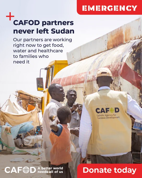 A picture of a man in a CAFOD vest speaking to people in front of a water tank.

"CAFOD partners never left Sudan

Our partners are working right now to get food, water and healthcare to families who need it." 

