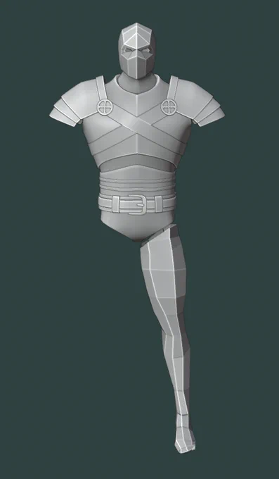 A screenshot from Unreal Engine 5.5 showing the work-in-progress 3D model of the protagonist for the game "Paper History". The upper body features detailed armor made of layered paper and wood panels held by straps. The lower body consists of simple gray geometric shapes (blockout) representing the legs to show planned proportions. The character is set against a dark, neutral background.