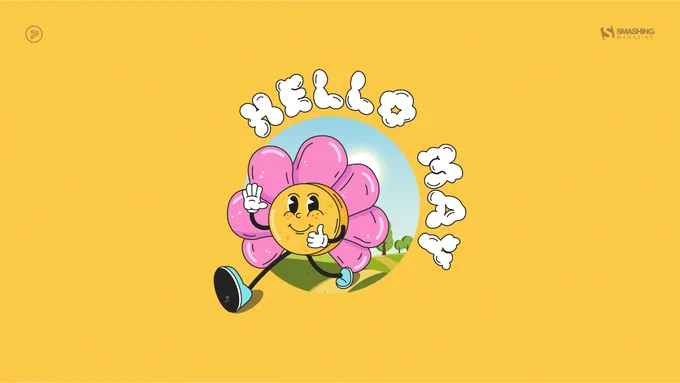 A desktop wallpaper showing a comic-style pink flower with thin, long legs and arms. It wears white gloves and light blue sneakers as it walks along a sunny path, smiling, waving, and giving a thumbs up. The text reads “Hello May”.