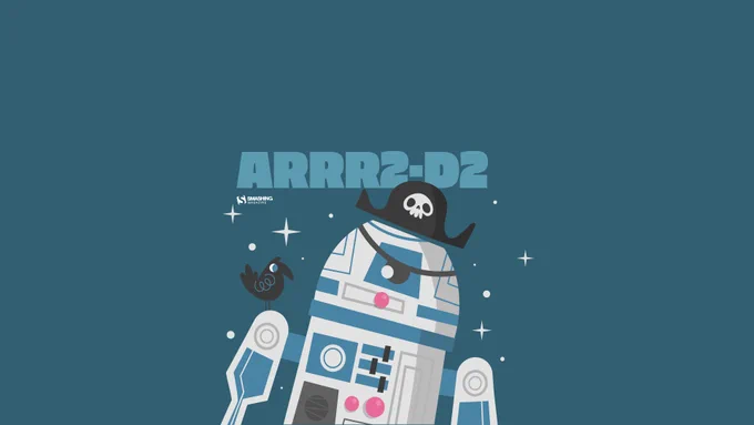 A desktop wallpaper showing an illustration of a comic-style R2D2 robot disguised as a pirate, with eyepatch and a small black bird sitting on its shoulder. The text reads “Arrr2-D2”.