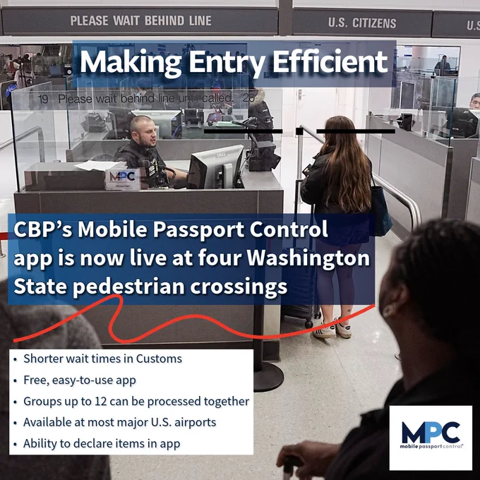 Traveler using Mobile Passport Control app at a U.S. Customs checkpoint with agents processing entries efficiently.