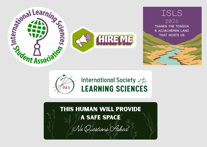 Five ISLS 2026 sticker designs: the ILSSA circular logo in green and purple, a green hexagon 'Hire Me' sticker with a megaphone, a purple landscape sticker reading 'ISLS 2026 Thanks the Tongva & Acjachemen Land That Hosts Us,' a rectangular ISLS logo sticker in white and green, and a dark green botanical sticker reading 'This Human Will Provide a Safe Space — No Questions Asked.'