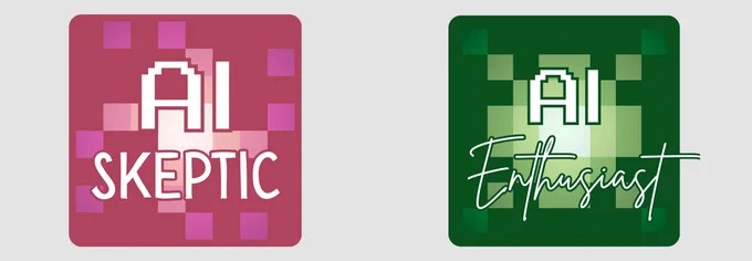 Two square sticker designs side by side. Left: a pink and magenta pixelated sticker with the text 'AI Skeptic' in white bold letters and a pixel-art style 'AI' icon. Right: a dark green pixelated sticker with the text 'AI Enthusiast' in white script and a pixel-art style 'AI' icon. Both stickers have a retro video game aesthetic.