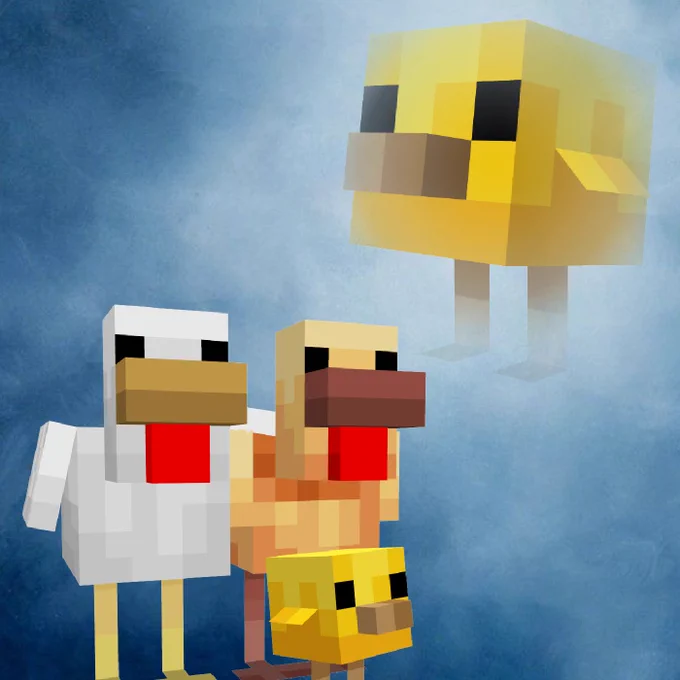 Image of two chickens, one has its wing over the other, with a baby chick in front of them. The same baby chick is enlarged on the upper right of the image, like one of those old family portraits.