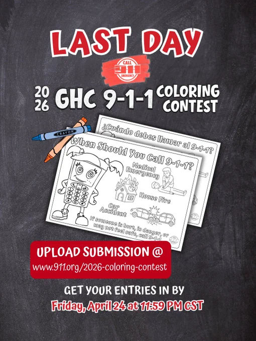 Last day to enter the 2026 GHC 9-1-1 coloring contest with a cartoon phone teaching when to call 9-1-1.