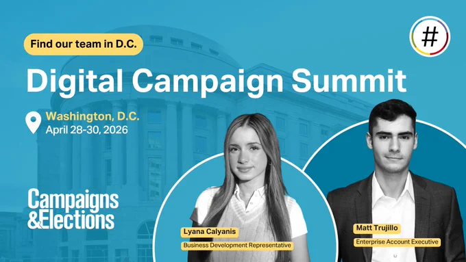 Matt and Lyana from the NationBuilder team smiling at the camera with a picture of the Ronald Reagan Building and International Trade Center (Pavilion) in the background with NationBuilder's brand blue overlaying the photo. This graphic is letting other attendees of the Campaigns & Election's Digital Campaign Summit know our team will be attending and would love to connect if you're in the area!