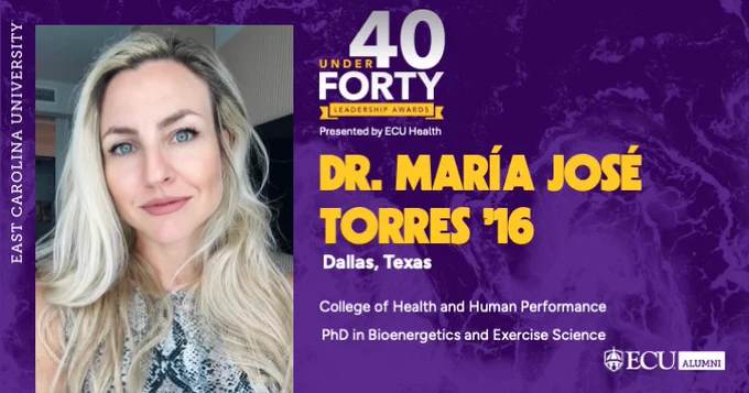 This image features the "40 Under Forty Leadership Awards" banner by ECU Health. It highlights Dr. María José Torres from Dallas, Texas, with a degree in Bioenergetics and Exercise Science from East Carolina University. The left side shows a portrait of the individual, and various text details are set against a purple background.