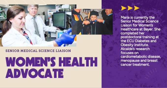 This image features a collage. On the left, a medical professional wearing a white coat and gloves conducts a laboratory test. On the right, a smaller photo shows someone smiling while adjusting their graduation gown. The text highlights a person named María,  Text also mentions her postdoctoral training at the ECU Diabetes and Obesity Institute.