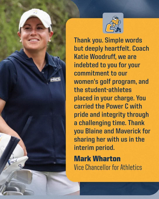 Graphic of gratitude with a statement from AD Mark Wharton on Coach Katie Woodruff.