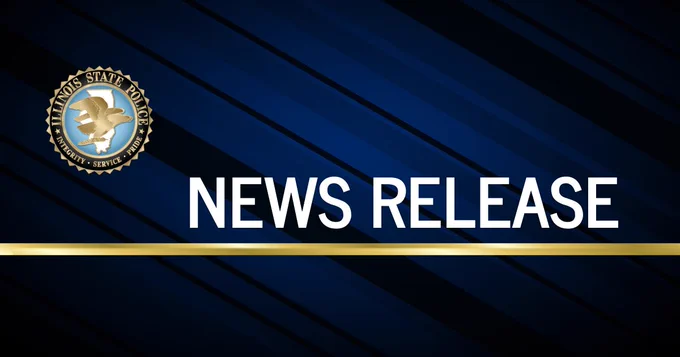 The image shows a graphic with a blue and black diagonal striped background. The emblem of the Illinois State Police is on the left. The words "News Release" are prominently displayed in white text across the center, with a gold horizontal line below.