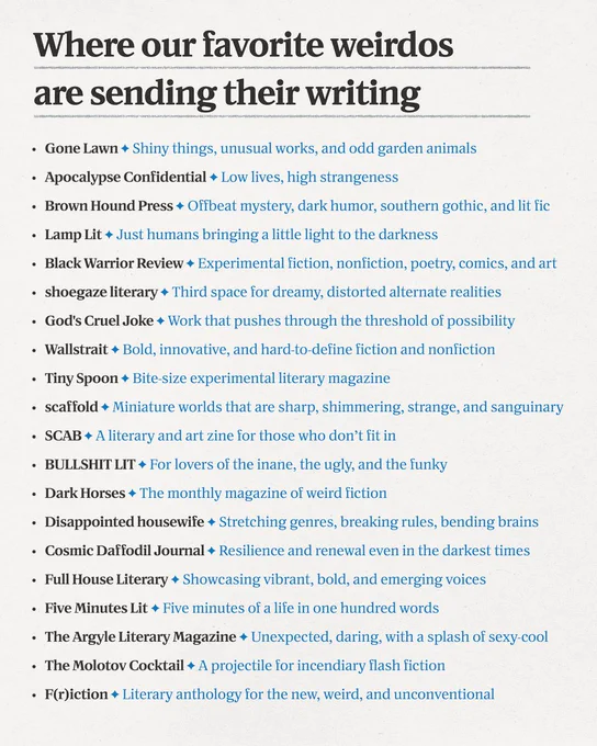Where our favorite weirdos are sending their writing

Gone Lawn ✦ Shiny things, unusual works, and odd garden animals
Apocalypse Confidential ✦ Low lives, high strangeness
Brown Hound Press ✦ Offbeat mystery, dark humor, southern gothic, and lit fic
Lamp Lit ✦ Just humans bringing a little light to the darkness
Black Warrior Review ✦ Experimental fiction, nonfiction, poetry, comics, and art
shoegaze literary ✦ Third space for dreamy, distorted alternate realities
God's Cruel Joke ✦ Work that pushes through the threshold of possibility
Wallstrait ✦ Bold, innovative, and hard-to-define fiction and nonfiction
Tiny Spoon ✦ Bite-size experimental literary magazine
scaffold ✦ Miniature worlds that are sharp, shimmering, strange, and sanguinary
SCAB ✦ A literary and art zine for those who don’t fit in
BULLSHIT LIT ✦ For lovers of the inane, the ugly, and the funky
Dark Horses ✦ The monthly magazine of weird fiction
Disappointed housewife ✦ Stretching genres, breaking rules, bending brains
1/2