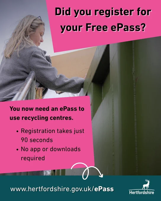 A woman recycling cardboard, with text about needing an ePass for recycling centres.