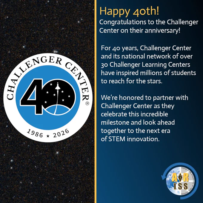 A digital anniversary graphic for the Challenger Center's 40th anniversary (1986–2026). The left side features a starry space background with the Challenger Center circular logo: a large blue-and-black emblem showing "40" with a white rocket launching through stars, encircled by "CHALLENGER CENTER" and the years "1986 * 2026" below. The right side has a dark blue panel with celebratory text in white and yellow: "Happy 40th! Congratulations to the Challenger Center on their anniversary!" followed by details about their 40 years inspiring millions of students through over 30 Challenger Learning Centers, and a message of partnership for the next era of STEM innovation. In the bottom right corner is the circular ARISS (Amateur Radio on the International Space Station) logo. The overall design has a space-themed aesthetic.

