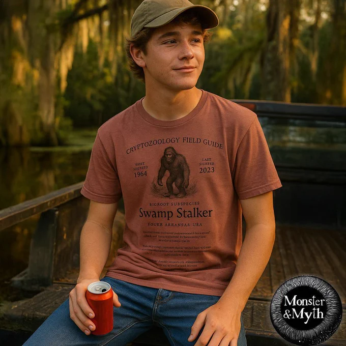 A teenage boy relaxes in a metal jon boat with a red soda can in hand, surrounded by moss-covered cypress trees and still swamp water in golden afternoon light. He wears a rust-colored t-shirt with the words “Cryptozoology Field Guide – Swamp Stalker – Bigfoot Subspecies – Fouke, Arkansas, USA – First Sighted: 1964 – Last Sighted: 2023” and an illustration of a shaggy, hulking creature. The Monster & Myth logo appears in the corner.

