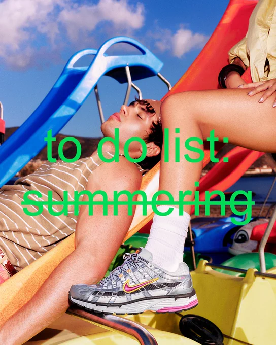 An image of a person lying on a slide next to a person's leg wearing a Nike P-6000 trainer with text overlaying the image saying "to do list: summering".