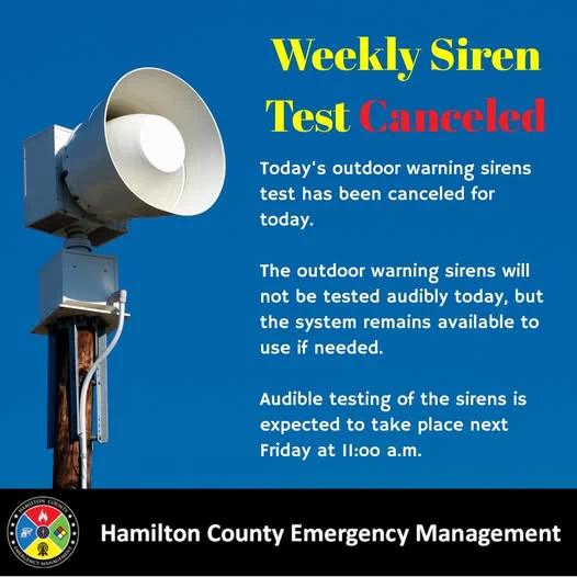 Due to the chance of showers and thunderstorms and the heavily overcast conditions today, in an effort to avoid causing unnecessary concern, the regularly scheduled audible outdoor warning siren test has been canceled. Outdoor warning sirens will not sound at 11:00 a.m.
