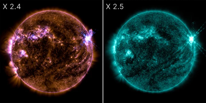 On the left, an image of the Sun labeled X2.4. The Sun is against a black background. It appears as a dark gold color, with bright purple areas representing active regions. Toward the top right, there is a bright blue X with solar material. On the right side of the image, there is another Sun labeled X2.5. This one is teal with swirls of black. On the top right, there is a bright blue and white X from the flare.