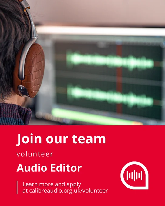 Person wearing brown headphones editing audio waveforms on a computer screen for a volunteer audio editor role.