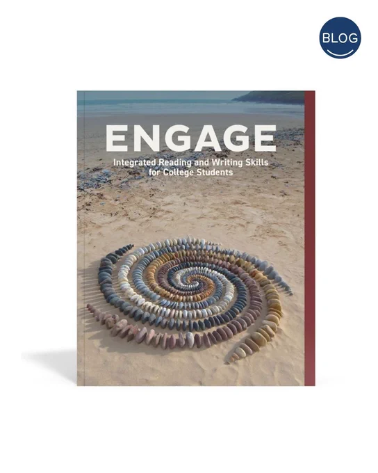 A book titled "Engage: Integrated Reading and Writing Skills for College Students" is shown. The cover features a spiral of seashells on a sandy beach. There's a "BLOG" circle logo in the top right corner.