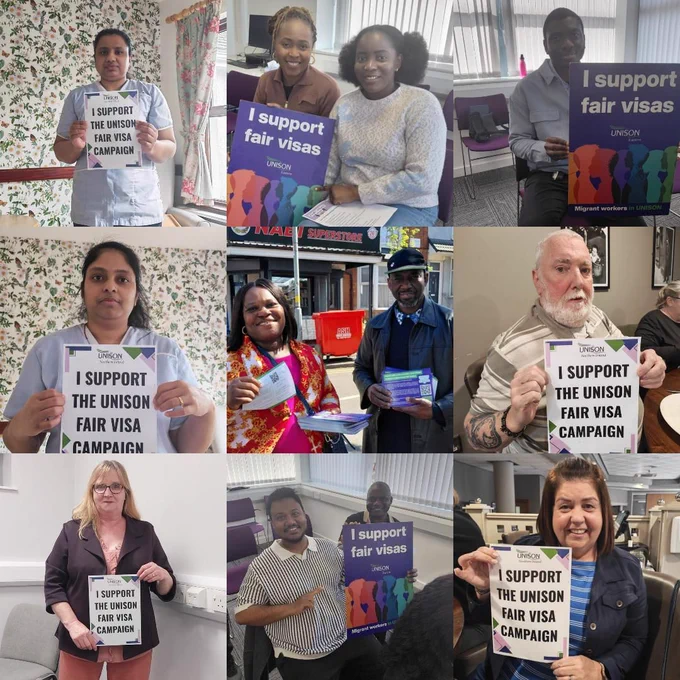 Collage of photos of care worker members supporting the fair visa campaign.